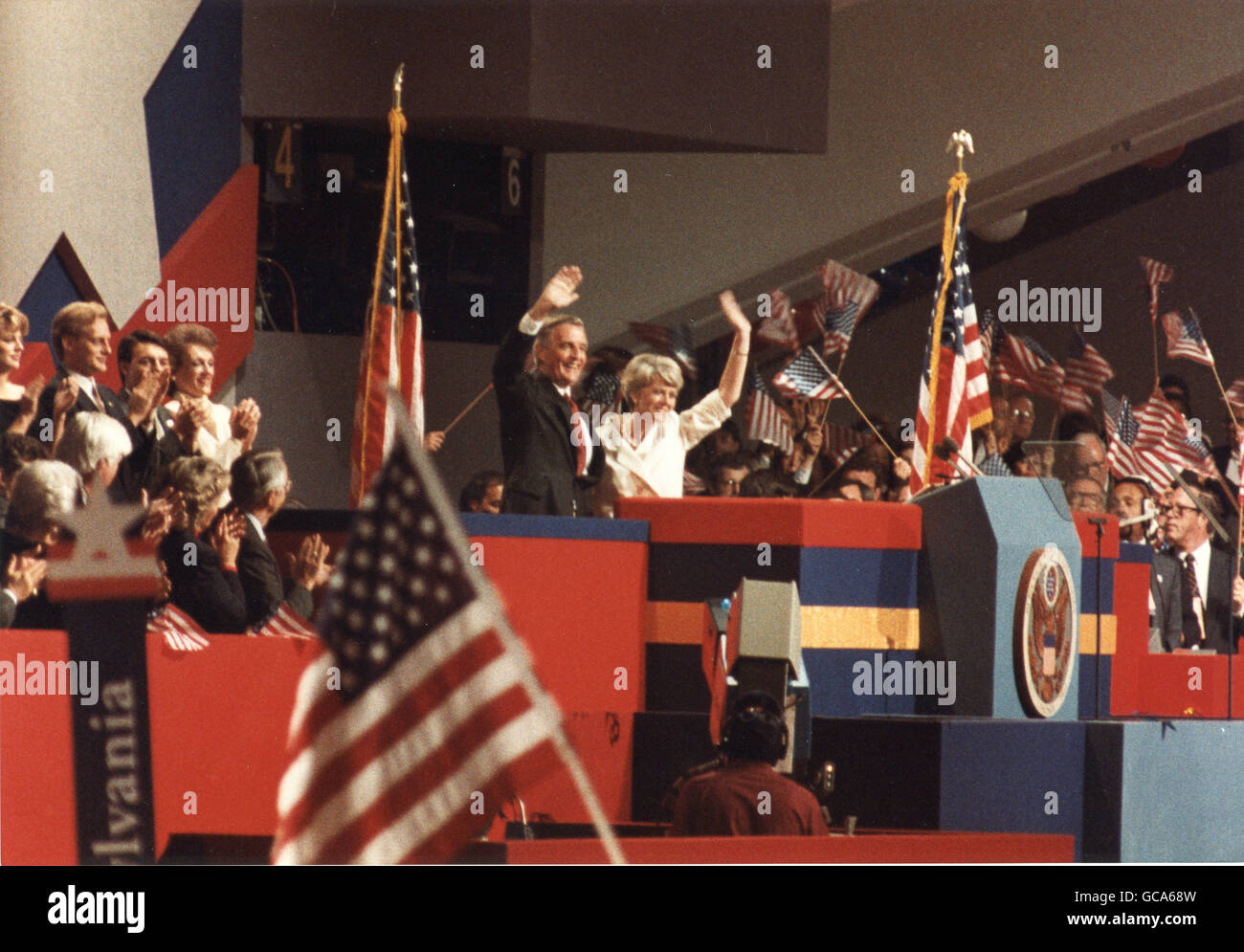 The 1984 Democratic ticket for President and Vie-President, Walter Mondale and Geraldine Ferraro, greet supporters at the nominating convention. Stock Photo