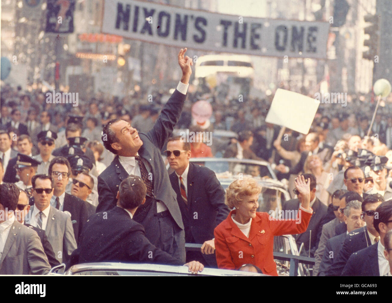 Richard M. Nixon on the campaign trail in 1968. With him is his wife, Pat Nixon. Stock Photo