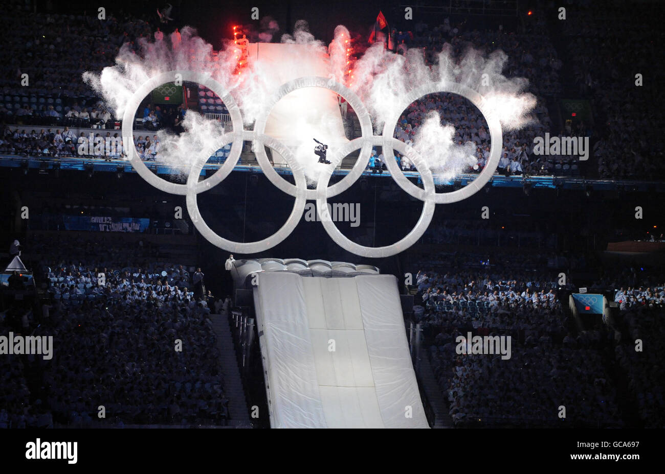 Winter Olympics - 2010 Winter Olympic Games Vancouver - Opening Ceremony. A snowboarder performs during the 2010 Winter Olympics Opening Ceremony at BC Place, Vancouver, Canada. Stock Photo