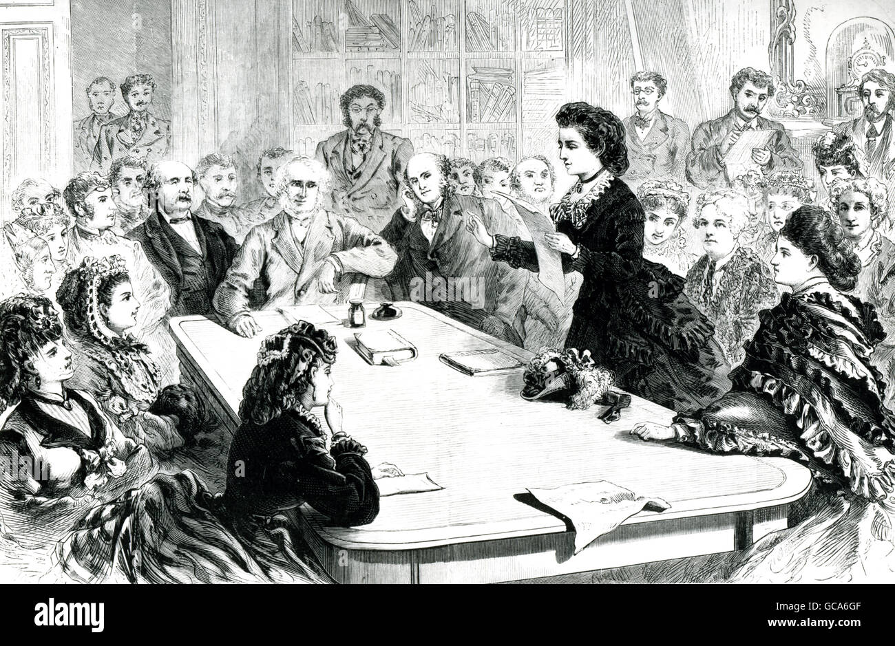 The Judiciary Committee of the House of Representatives receiving a deputation of female suffragists. Victoria Woodhull, famous feminist, reading her argument in favor of woman's voting, on the basis of the Fourteenth and Fifteenth constitutional amendments. Stock Photo