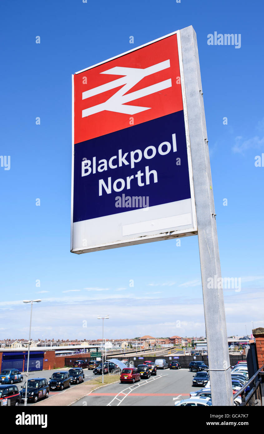 Sign outside Blackpool North railway station in Blackpool, Lancashire, UK Stock Photo