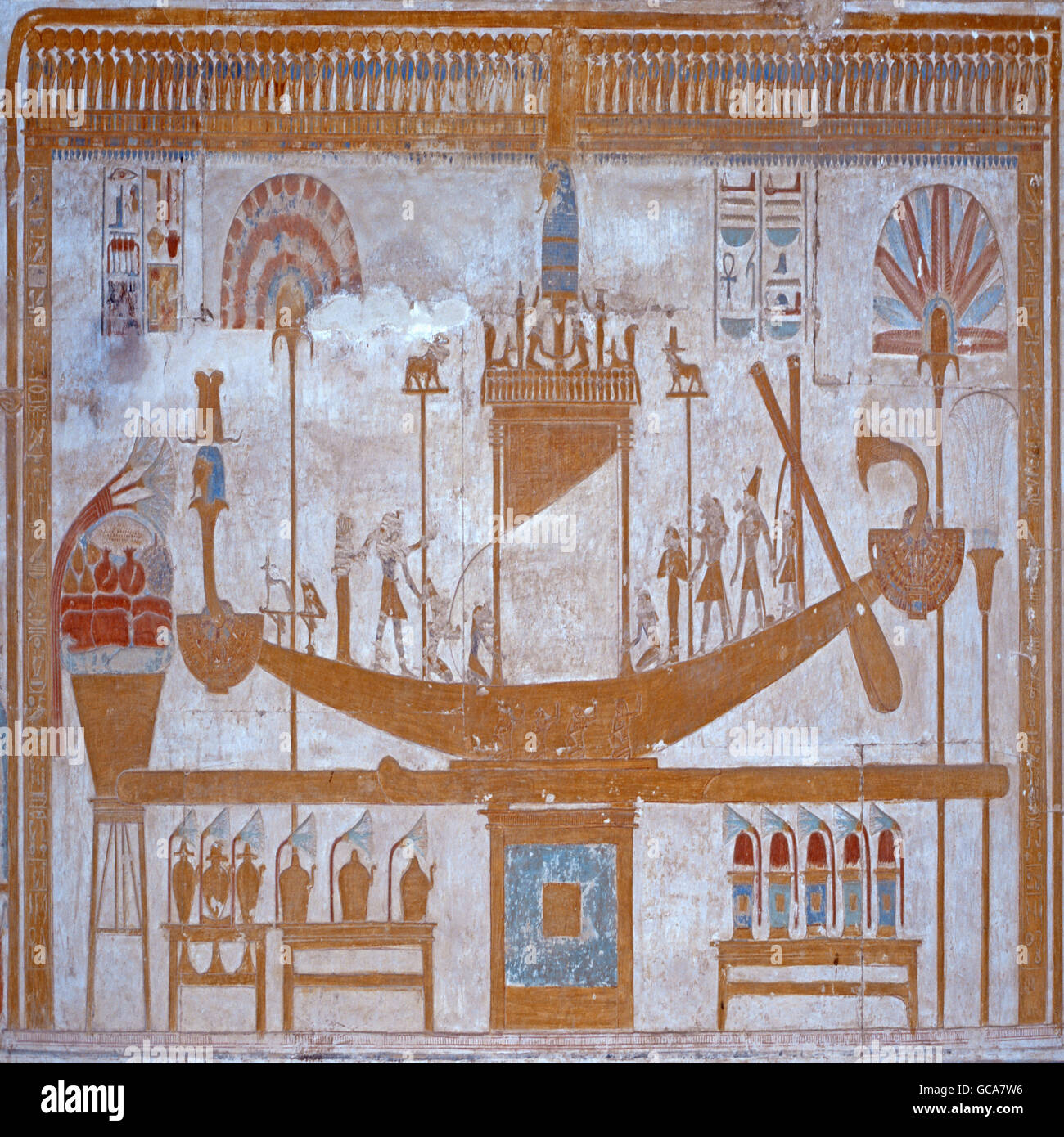 fine arts, ancient world, Egypt, wall painting, of skiff in temple of Sethos I, Abydos, Stock Photo