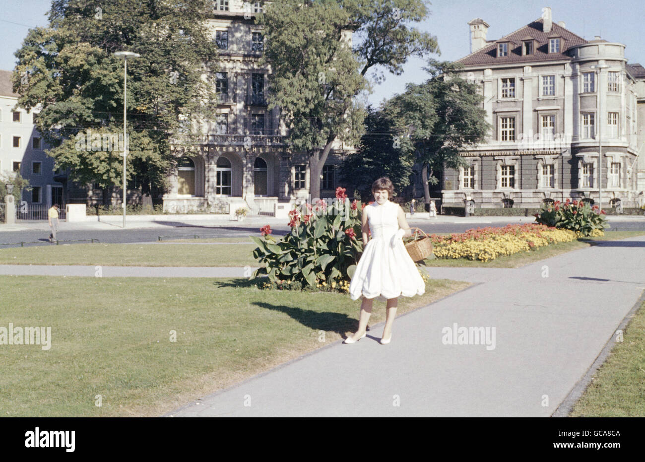 geography / travel, Germany, Bavaria, Munich, squares, Karolinenplatz (Caroline Square) with young woman, 1957/1958, Additional-Rights-Clearences-Not Available Stock Photo