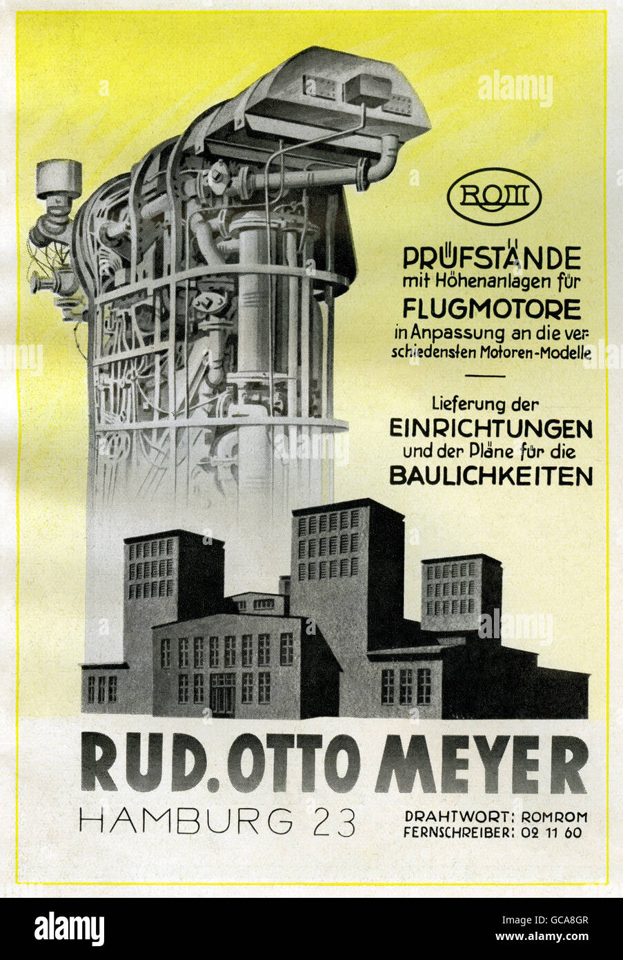 advertising, industry, mechanical engineering, test benches for aircraft engines, company Rud. Otto Meyer, Hamburg, advert, Germany, 1941, Additional-Rights-Clearences-Not Available Stock Photo