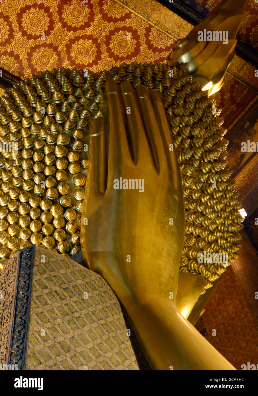 the reclining buddha in the temple of Wat Pho in the city of Bangkok in Thailand in Southeastasia. Stock Photo