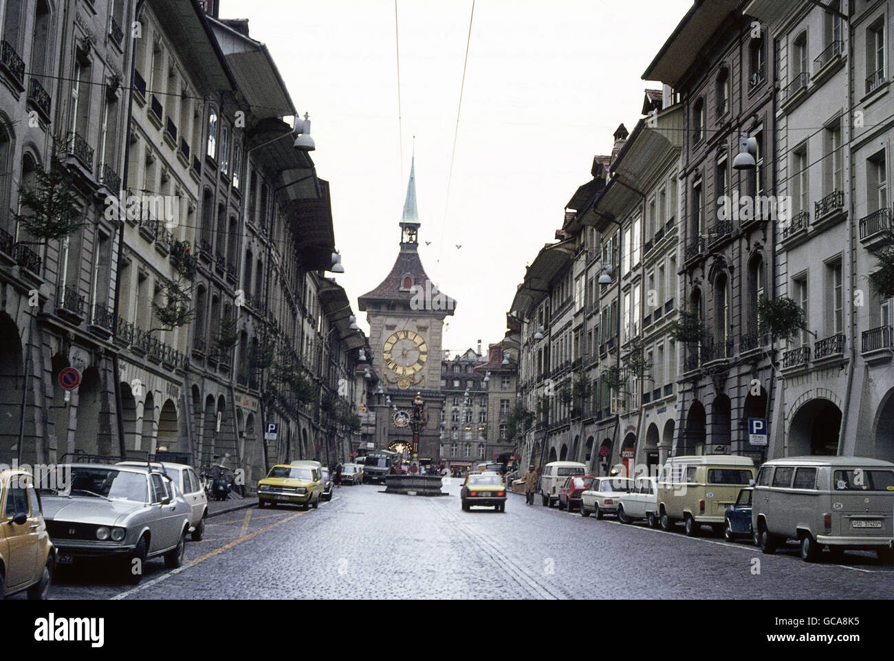 geography / travel, Switzerland, Canton Bern, Bern, streets, view of Kramgasse with the Zytglogge Clock Tower at the end, 1974, Additional-Rights-Clearences-Not Available Stock Photo
