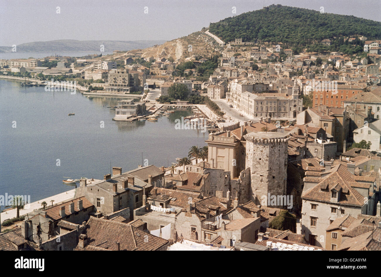 geography / travel, Croatia, Split, city views / cityscapes, view of the town from the tower of the cathedral, in the centre the Hrvoje tower, in the background Mount Marjan, 26.9.1961, Additional-Rights-Clearences-Not Available Stock Photo