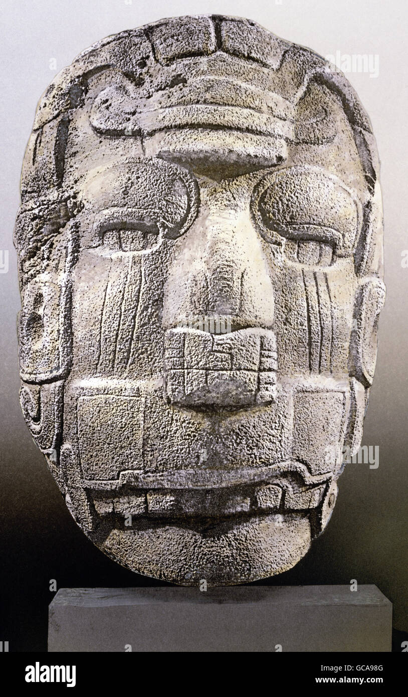 fine arts, Mesoamerica, Totonac, sculpture, head of rain god Tlalcocan,stone, Cerro de las Mesas, Veracruz, Mexico, circa 700, Veracruz Museum, , Artist's Copyright has not to be cleared Stock Photo