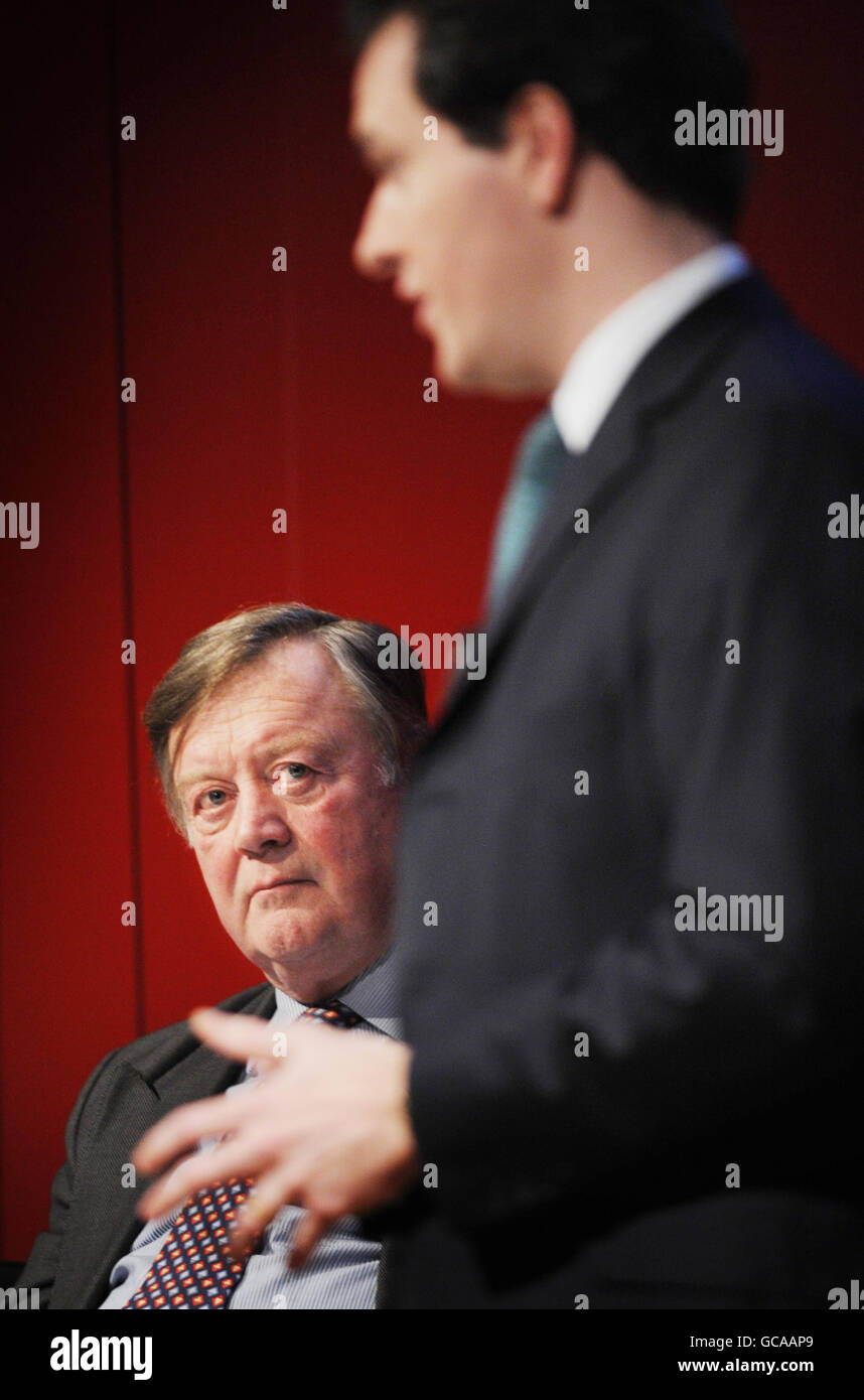 Kenneth Clarke looks on as Shadow Chancellor George Osborne speaks to business and city workers in London where he set out eight benchmarks against which voters would be able to judge a Tory government's success on the economy. Stock Photo