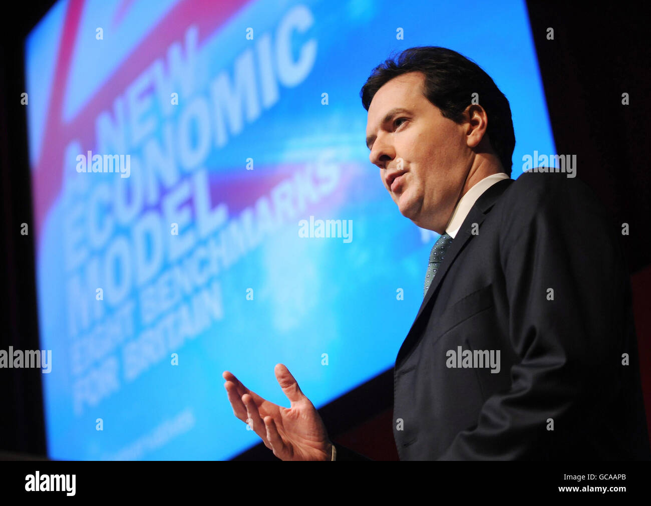 Shadow Chancellor George Osborne, speaking to business and city workers in London where he set out eight benchmarks against which voters would be able to judge a Tory government's success on the economy. Stock Photo