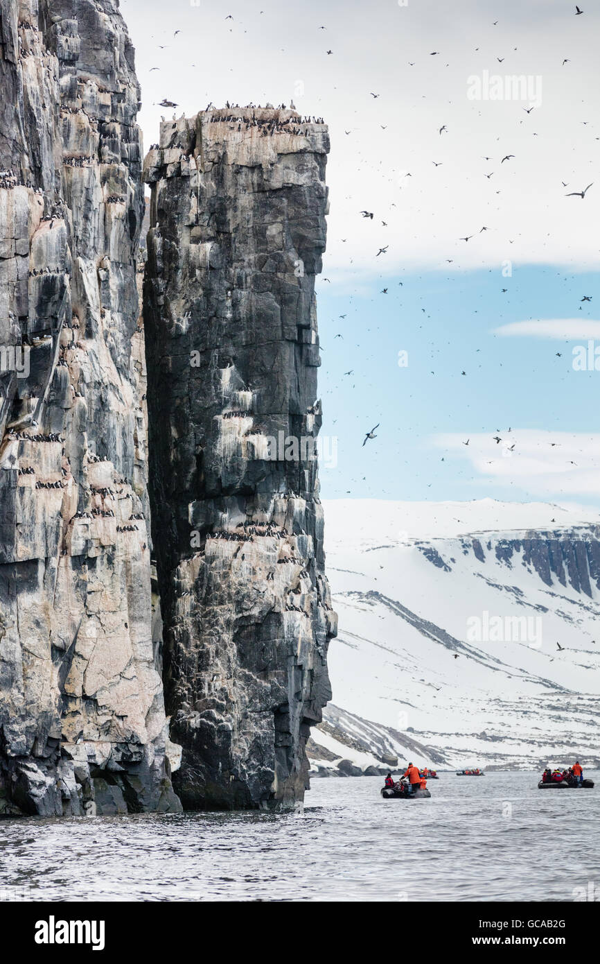 Alkefjellet bird cliff with Zodiac inflatable rafts. Svalbard Archipelago, Norway Stock Photo
