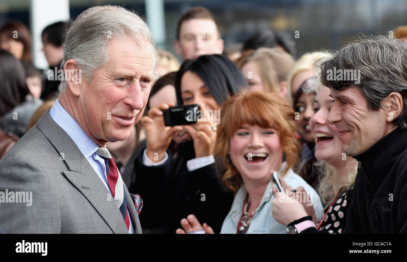 The Prince of Wales meets members of the public and students as he leaves Burnley College / University of Central Lancashire Campus in Burnley, Lancashire. Stock Photo