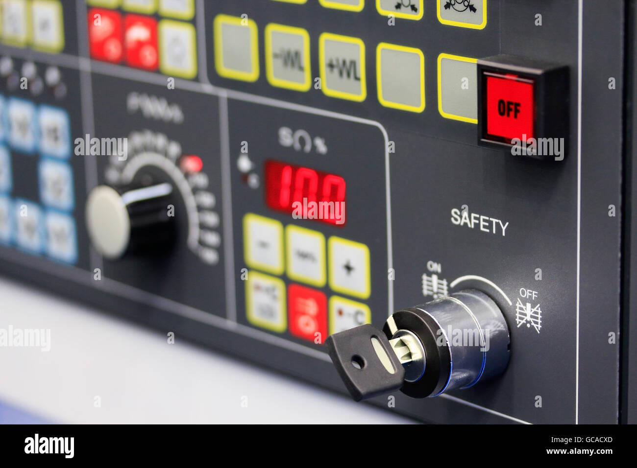 Control panel of modern industrial equipment. Close up view. Selective