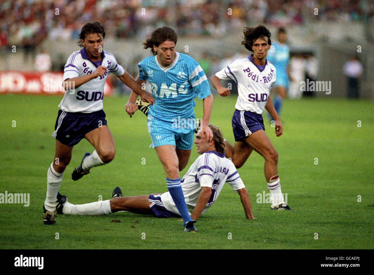 Soccer French Marseille. Chris Waddle in his debut for Marseille