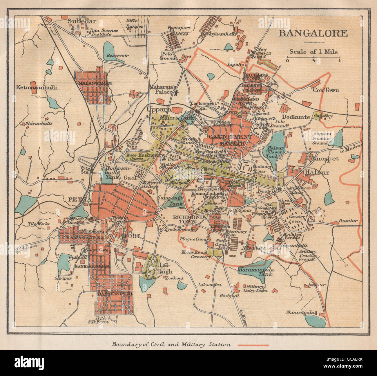 BRITISH INDIA. Bangalore (Bengaluru) city plan.Petta.Cantonment bazaar, 1929 map Stock Photo