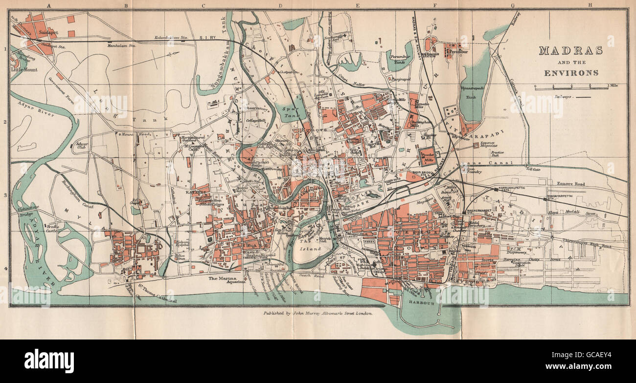 BRITISH INDIA. Madras (Chennai) & environs city plan. Showing hotels., 1929 map Stock Photo
