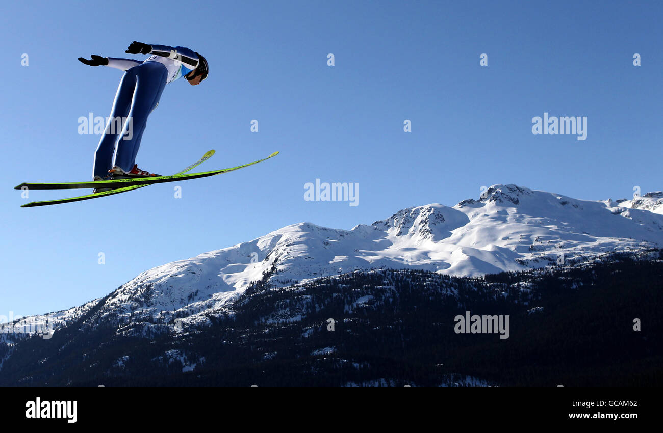 A competitor takes part in the Nordic Combined training at the Whistler Olympic Park, Whistler, Canada. Stock Photo