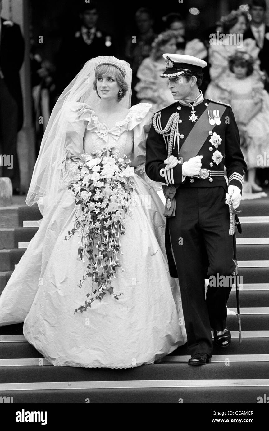 The Prince of Wales and his new wife, The Princess of Wales, walk down the steps of St. Paul's Cathedral, City of London after their marriage. Stock Photo