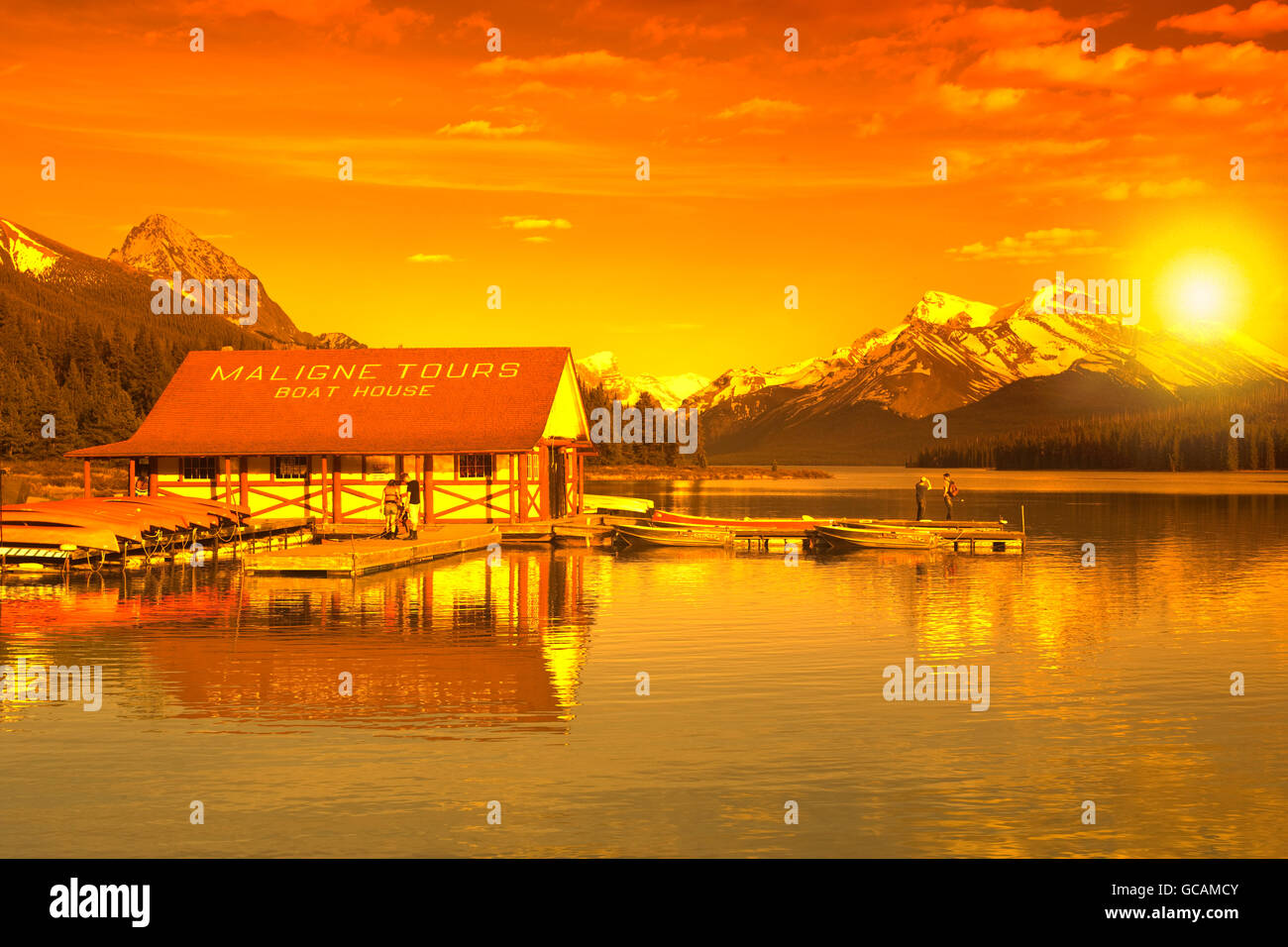 RED CANOES BOATHOUSE LAKE MALIGNE JASPER NATIONAL PARK ALBERTA CANADA
