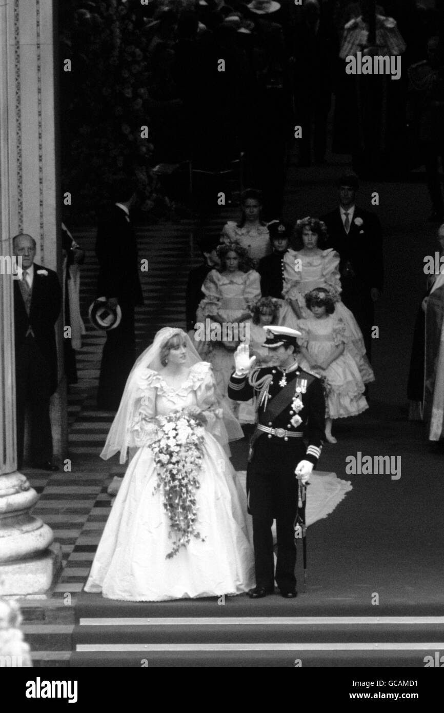The Prince of Wales and his new wife, The Princess of Wales, walk down the steps of St. Paul's Cathedral, City of London after their marriage. Stock Photo