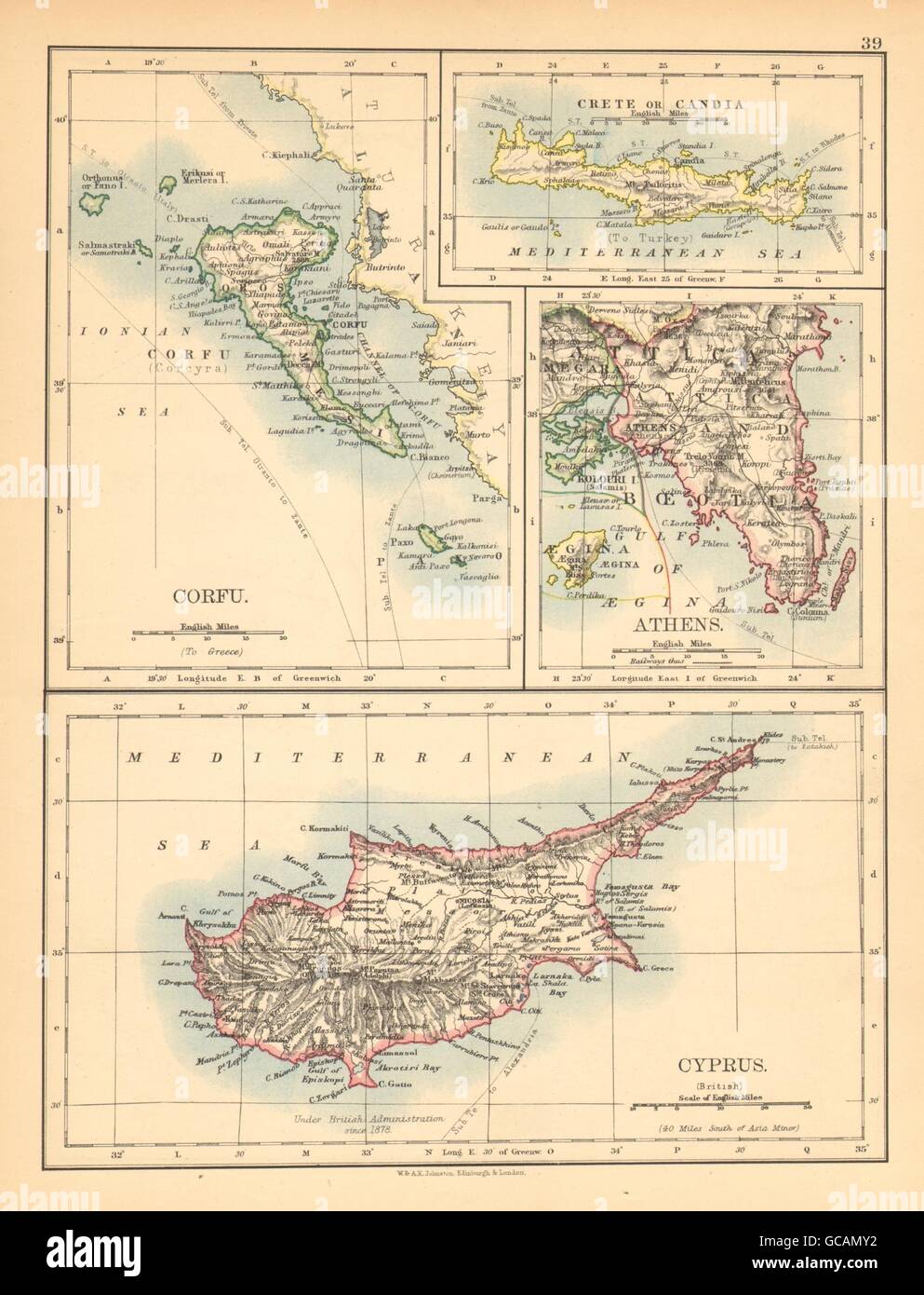 Crete And Cyprus Map Athens & Greek Islands. Corfu Crete Cyprus Candia.greece. Johnston, 1897 Map  Stock Photo - Alamy