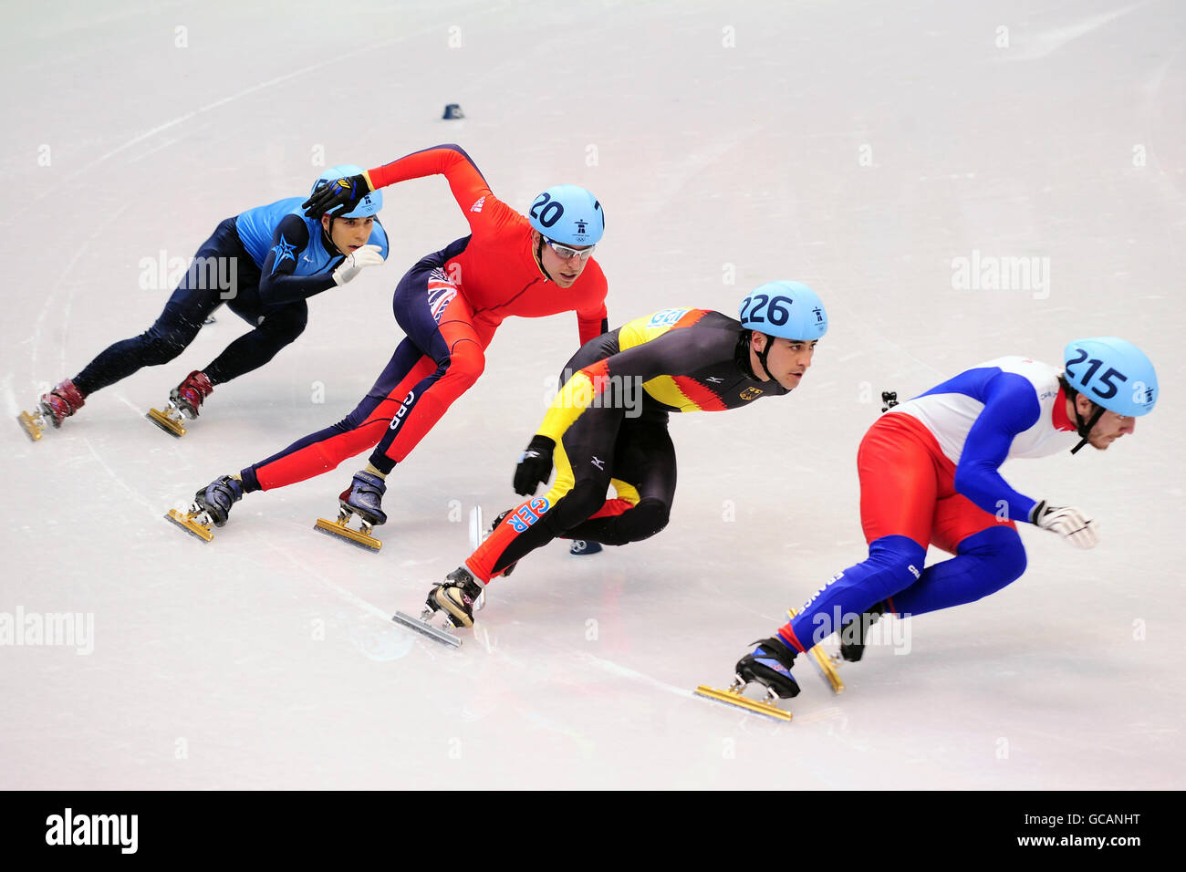 Great Britain's Jon Eley in action during the Men's 500m Short Track Speed Skating quarter finals at the Richmond Olympic Oval, Vancouver, Canada. Stock Photo