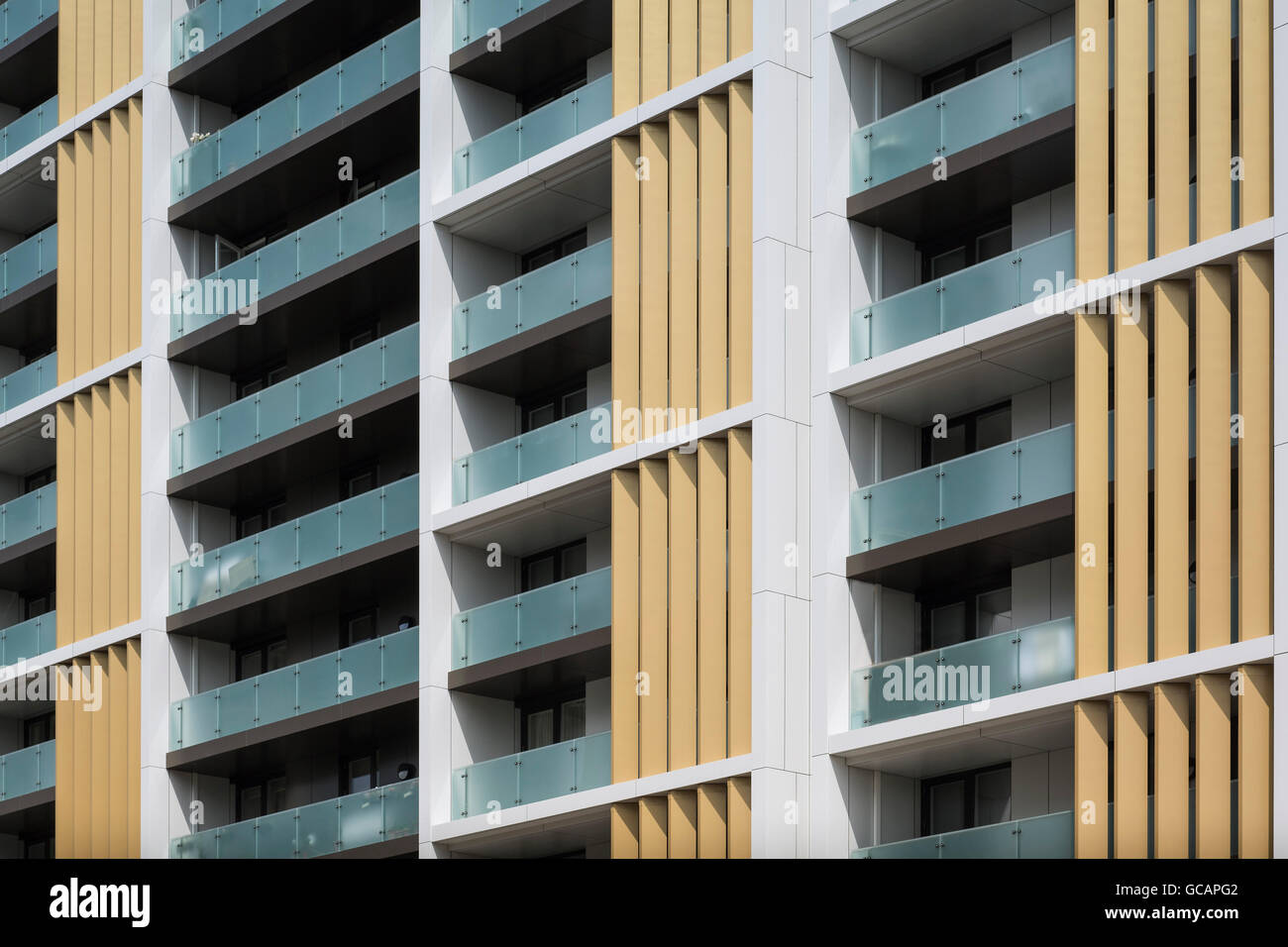 Detail view of balconies and cladding. Park Heights, London, United ...