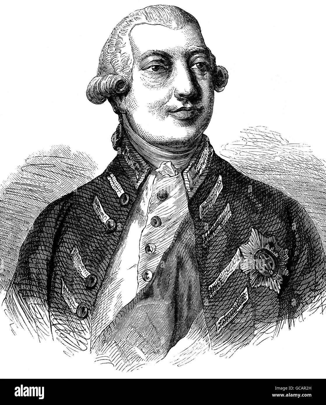George III (1738 – 1820), King of England and Scotland from 25 October 1760 until the Act of Union on 1 January 1801, after which he was King of the United Kingdom of Great Britain and Ireland until his death. He was the third British monarch of the House of Hanover, but unlike his two predecessors he was born in Britain, spoke English as his first language, and never visited Hanover. Stock Photo