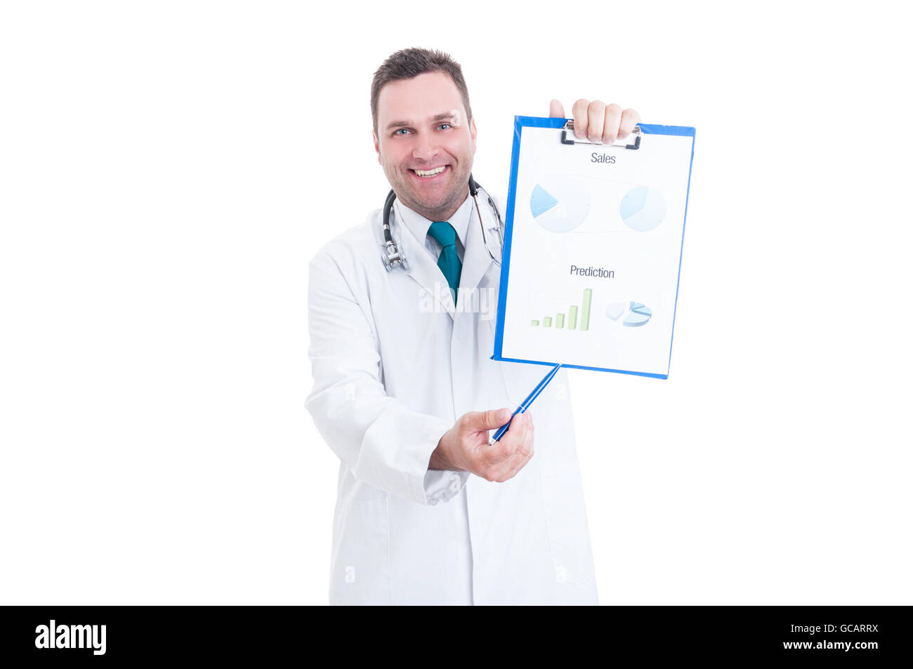 Male medic or doctor smiling and showing sale and predictions charts isolated on white background Stock Photo