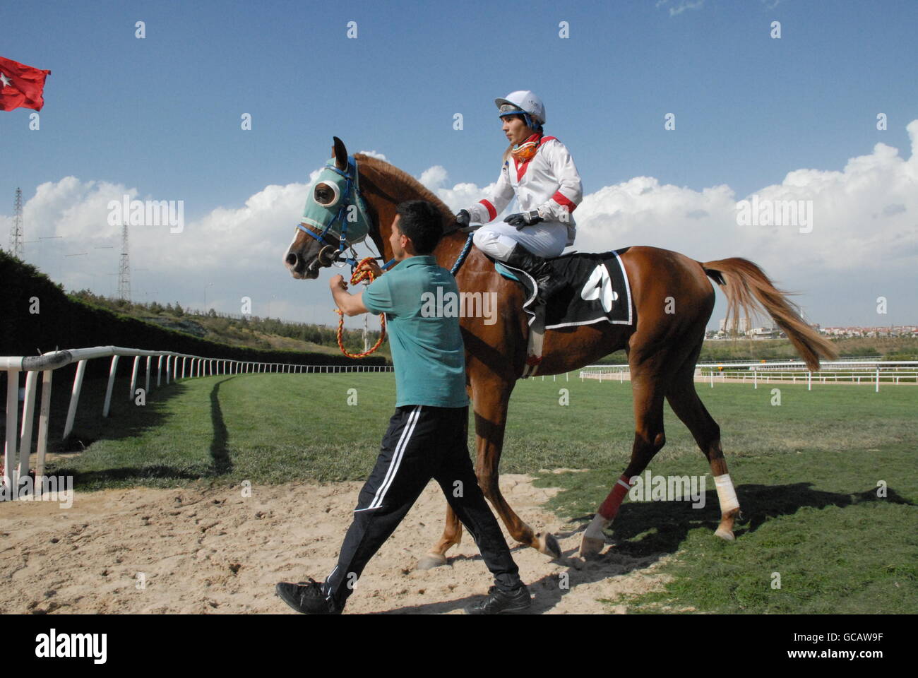 Horse race Jockey during the 'Adnan Menderes Cup' race at Ankara hippodrome Stock Photo