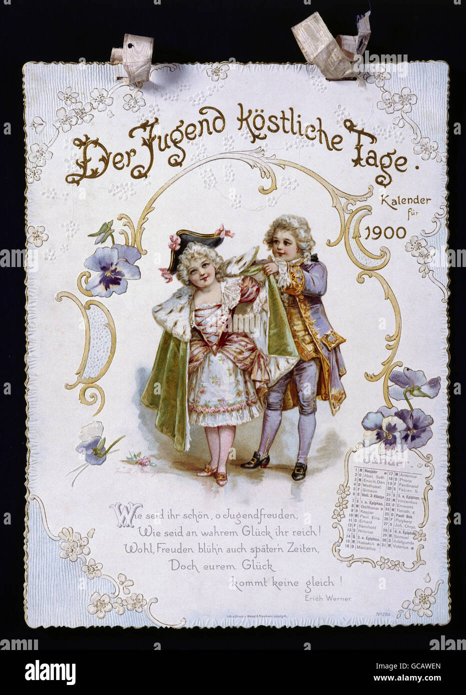 calendar, page, 'Der Jugend köstliche Tage' ('Delightful, Days of Youth'), colour lithograph, embossed, 1900,  , Additional-Rights-Clearences-Not Available Stock Photo