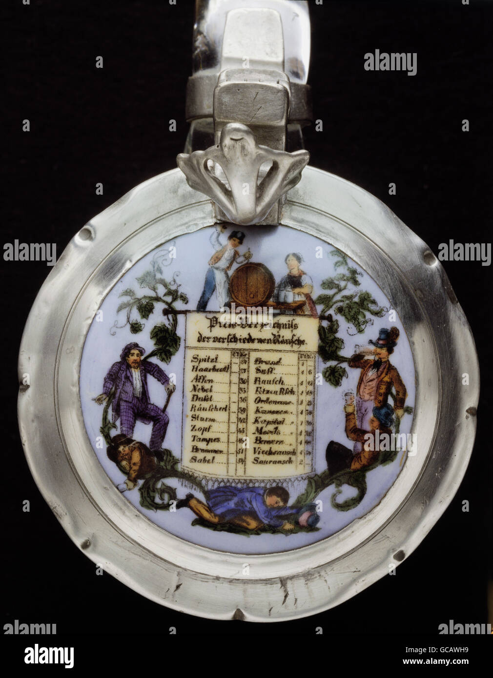 fine arts, painting, painted beer jug lid, tin mounting, transfer lithography, prize list of 22 states of alcoholic intoxication, Germany, 2nd half 19th century, Stock Photo