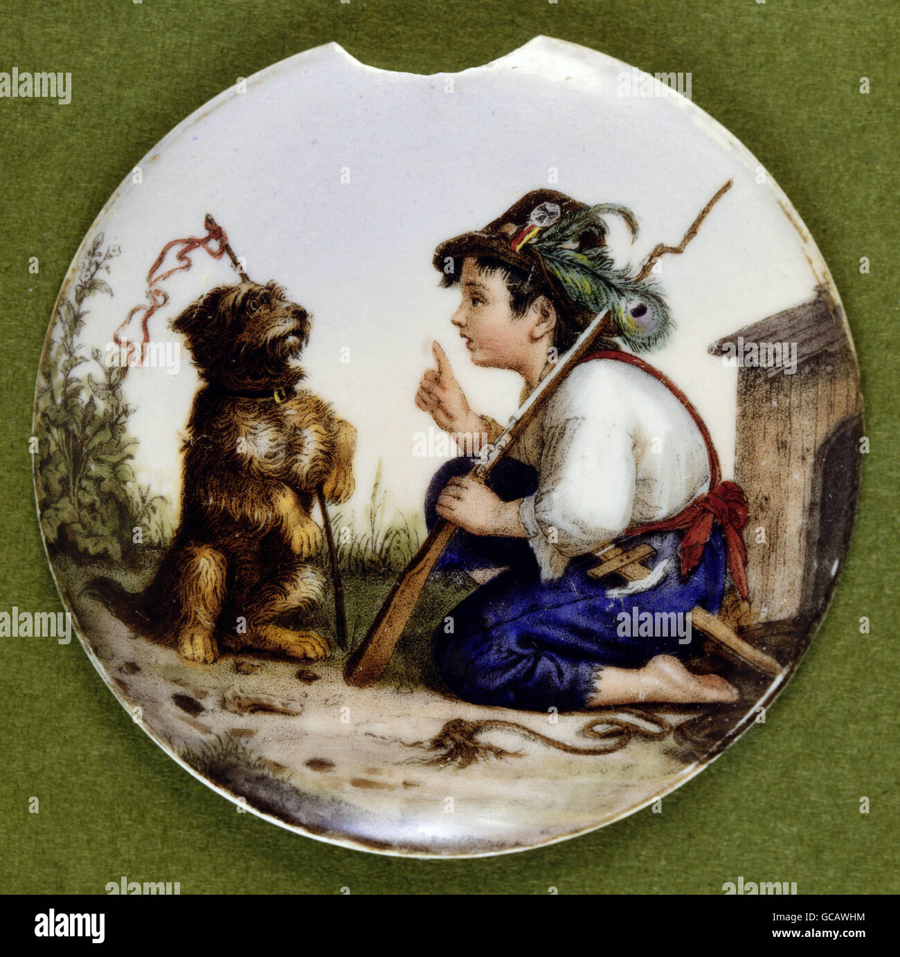 fine arts, painting, painted beer jug lid, contour print, coloured, little boy teaching puppy soldiering, Germany, 2nd half 19th century, Stock Photo