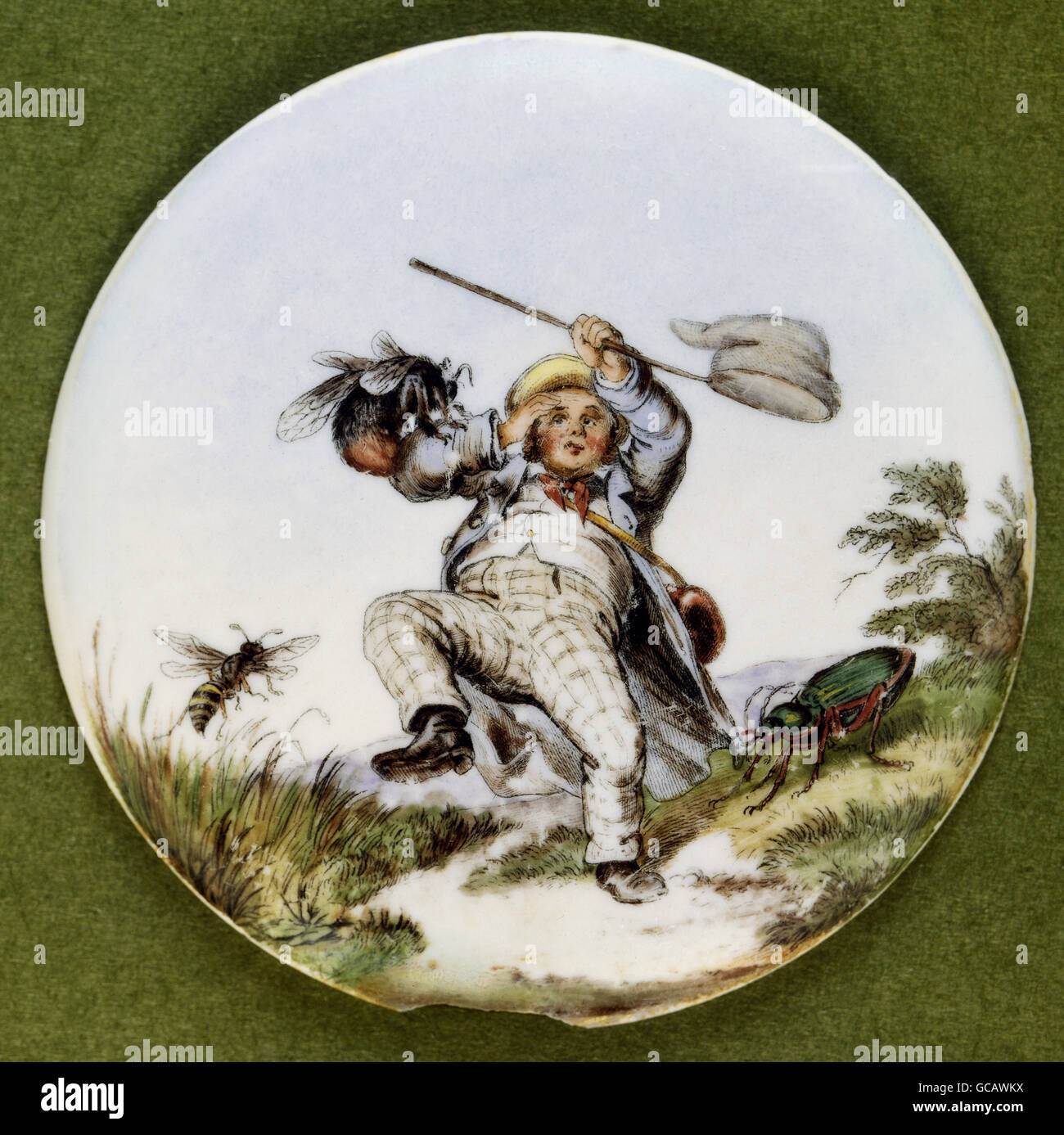 fine arts, painting, painted beer jug lid, transfer lithograph, coloured, satire, leisure time botanist harassed by bees, Germany, 2nd half 19th century, Stock Photo