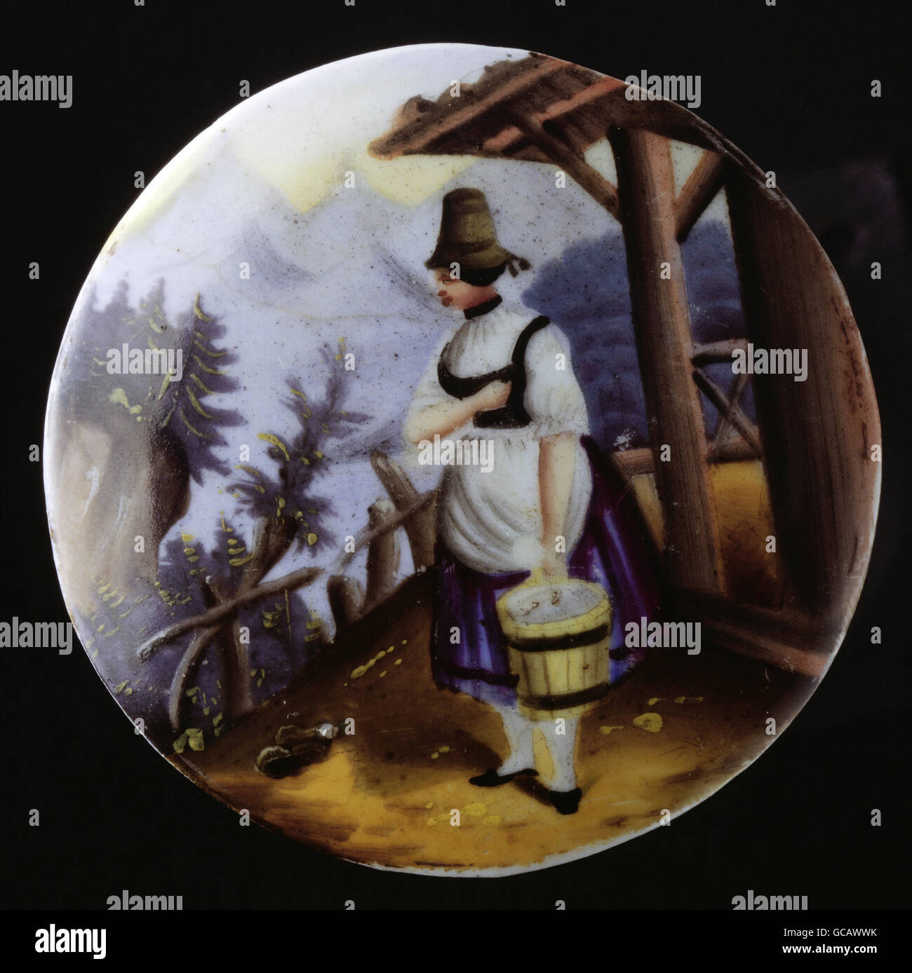 fine arts, painting, painted beer jug lid, transfer lithograph, coloured, dairymaid with bucket full of milk, Germany, 2nd half 19th century, Stock Photo