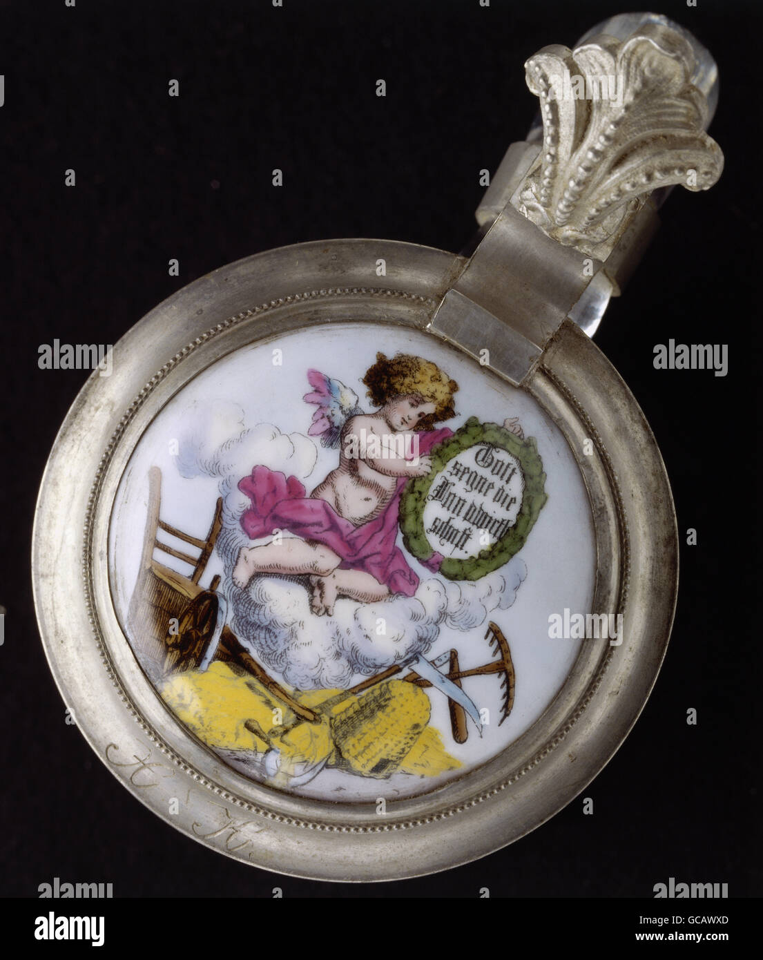fine arts, painting, painted beer jug lid, tin mounting, contour print, coloured, angel with agricultural tools, Germany, 2nd half 19th century, Stock Photo