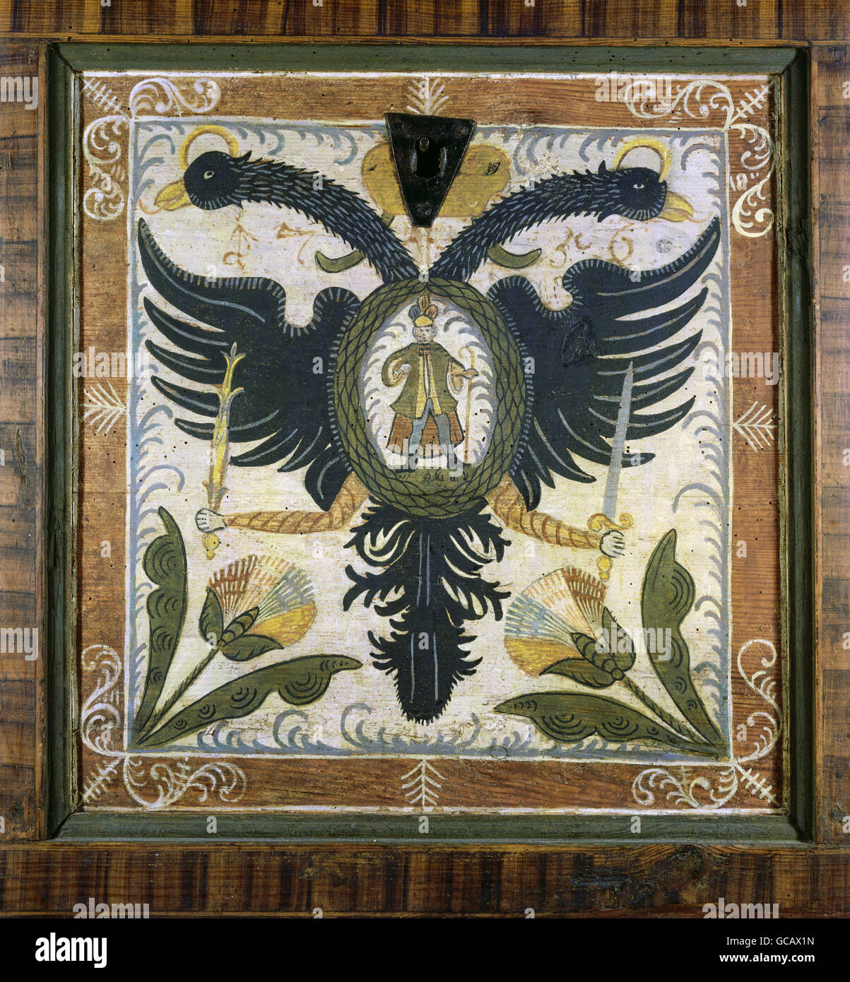fine arts, Alpine folk art, painting on wood, double-headed eagle, rural wardrobe, Tyrol, early 19th century, Stock Photo