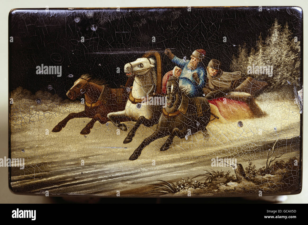 transport / transportation, sledges, Troika, enamel painting, snuff box, Russia, 19th century, people, sled, slegde, sleigh, horse, horses, winter, Russian, fine arts, historic, historical, Additional-Rights-Clearences-Not Available Stock Photo