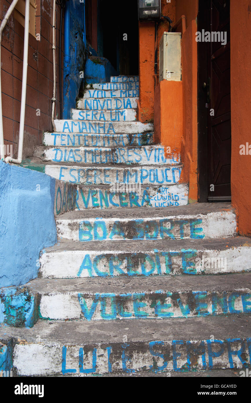 Painted steps in the favelas; Rocinha, Rio de Janeiro, Brazil Stock Photo