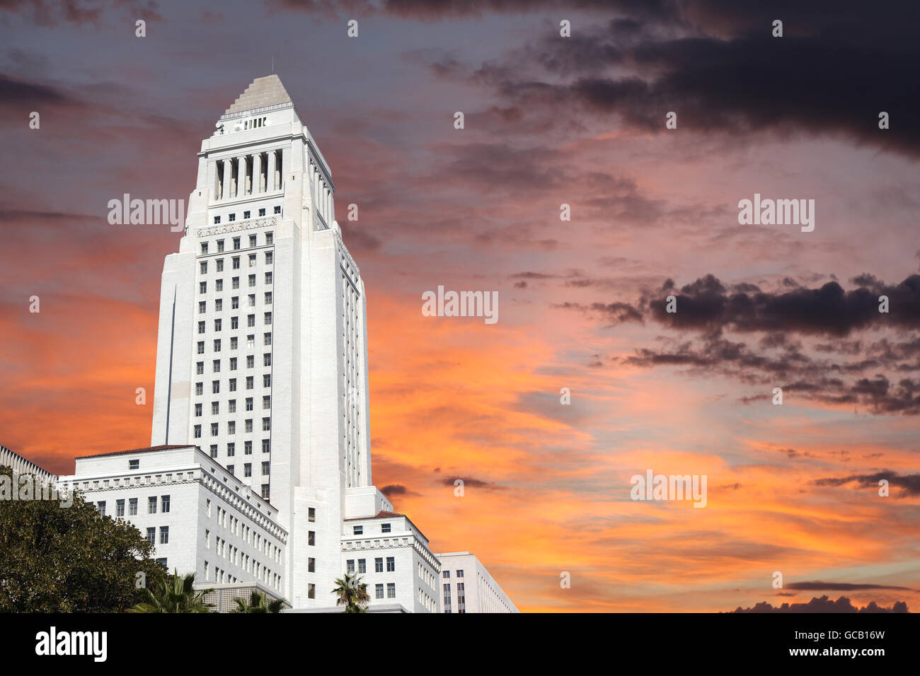 Downtown Los Angeles city hall building with sunrise sky. Stock Photo
