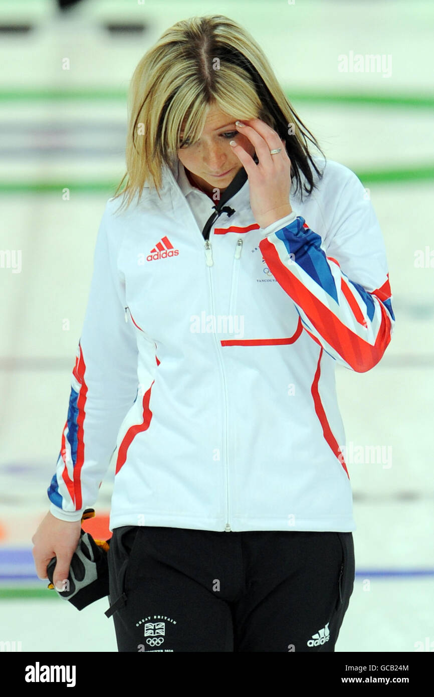 Great Britain's skip Eve Muirhead stands dejected after losing to USA in the Curling round robin match at the Vancouver Olympic Centre, Vancouver, Canada, 2010 Winter Olympic Games Vancouver. Stock Photo