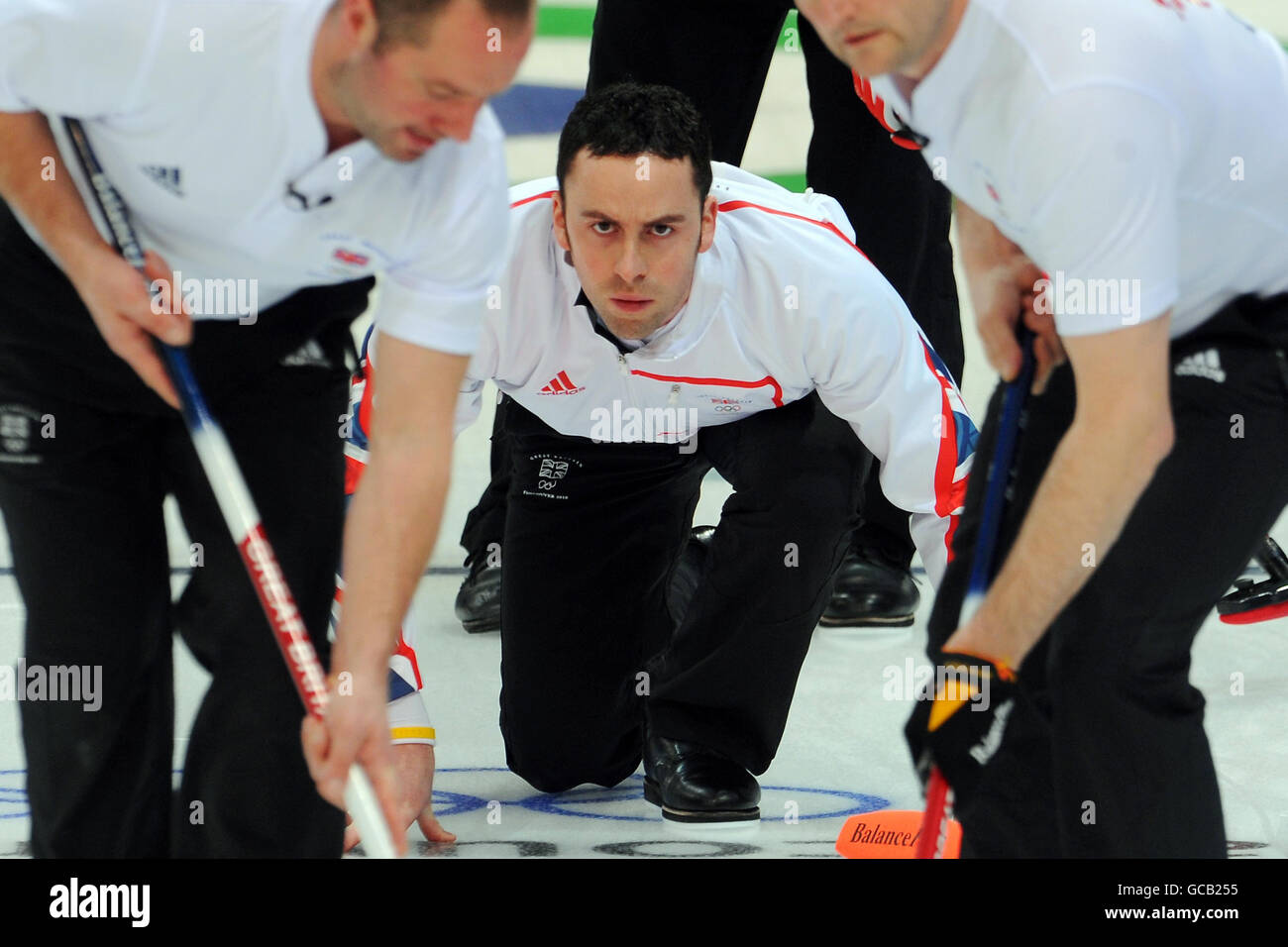 Great Britain's skip David Murdoch watches his sweepers during the match against Canada at the Vancouver Olympic Centre, Vancouver, Canada, 2010 Winter Olympic Games Vancouver. Stock Photo