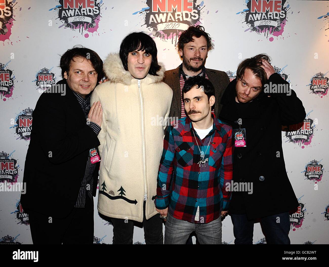 (left to right) Rich Fulcher, Noel Fielding, Michael Fielding, Julian Barratt and Dave Brown of The Mighty Boosh arriving for the 2010 Shockwaves NME Awards at the O2 Academy, Brixton, London Stock Photo