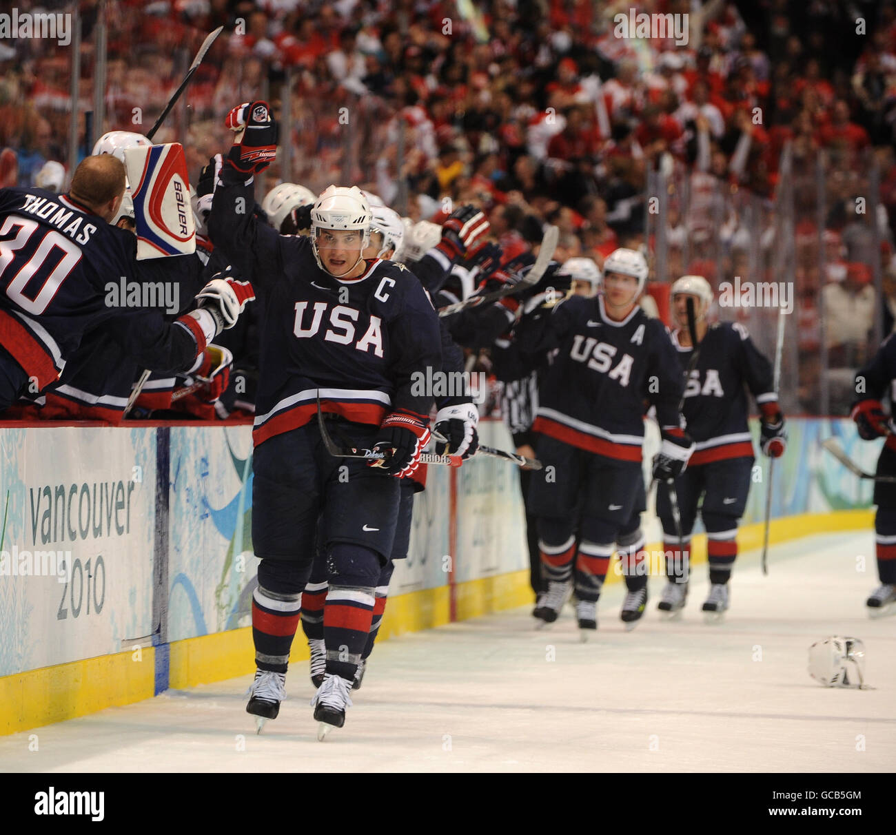 USA's Jamie Langenbrunner celebrates after they level the score at 2-2 just before the end of normal time Stock Photo