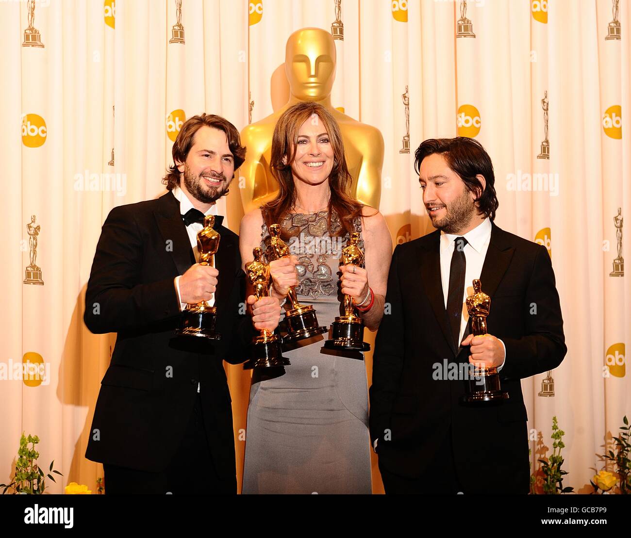 (left to right) Mark Boal, Kathryn Bigelow and Greg Shapiro with their awards for Best Picture for The Hurt Locker, at the 82nd Academy Awards at the Kodak Theatre, Los Angeles. Stock Photo