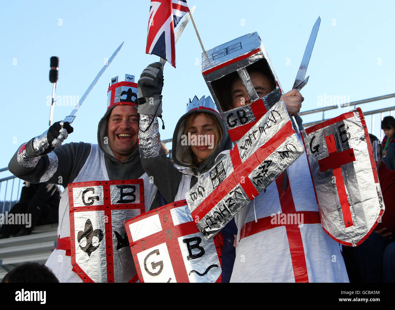 Great Britain fans before the third run in the Women's Skeleton at Whistler Sliding Centre, Whistler, Canada. Stock Photo