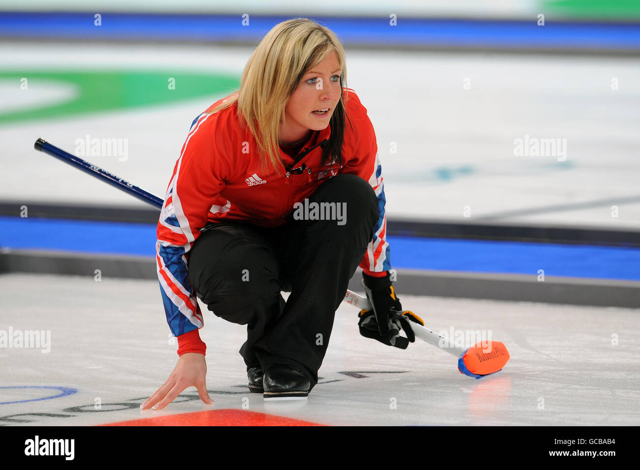 Great Britain's skip Eve Muirhead shouts instructions during the women's curling event against Japan. Stock Photo