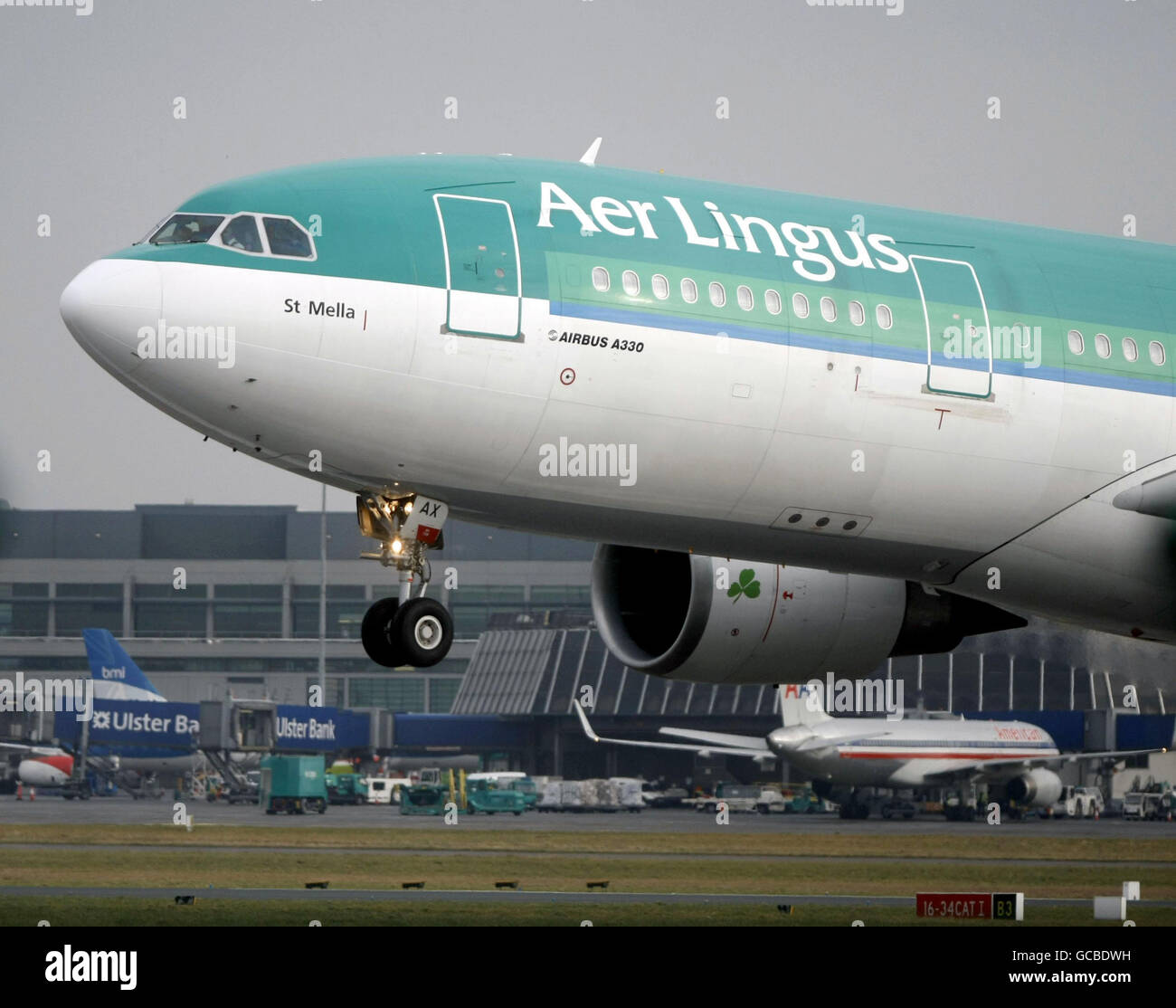 An Aer Lingus Airbus A320 lands at Dublin Airport, as Michael O'Leary's budget airline Ryanair heaped pressure on the Government over the last fortnight claiming he would create 300 high value jobs at the airport if hangar six was handed over to his airline. Stock Photo