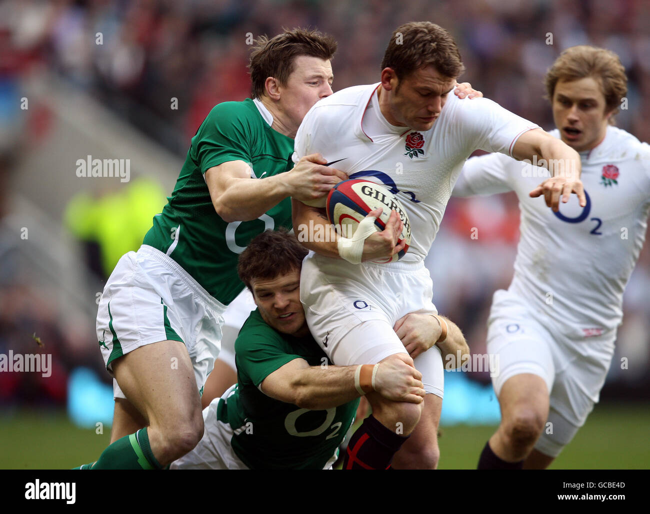 Rugby Union - RBS 6 Nations Championship 2010 - England v Ireland - Twickenham. England's Mark Cueto and Ireland's Brian O'Driscoll and Gordon D'Arcy Stock Photo