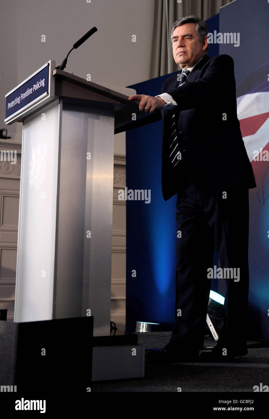 Prime Minister Gordon Brown delivers a speech to local residents and police officers in Reading Town Hall. Stock Photo